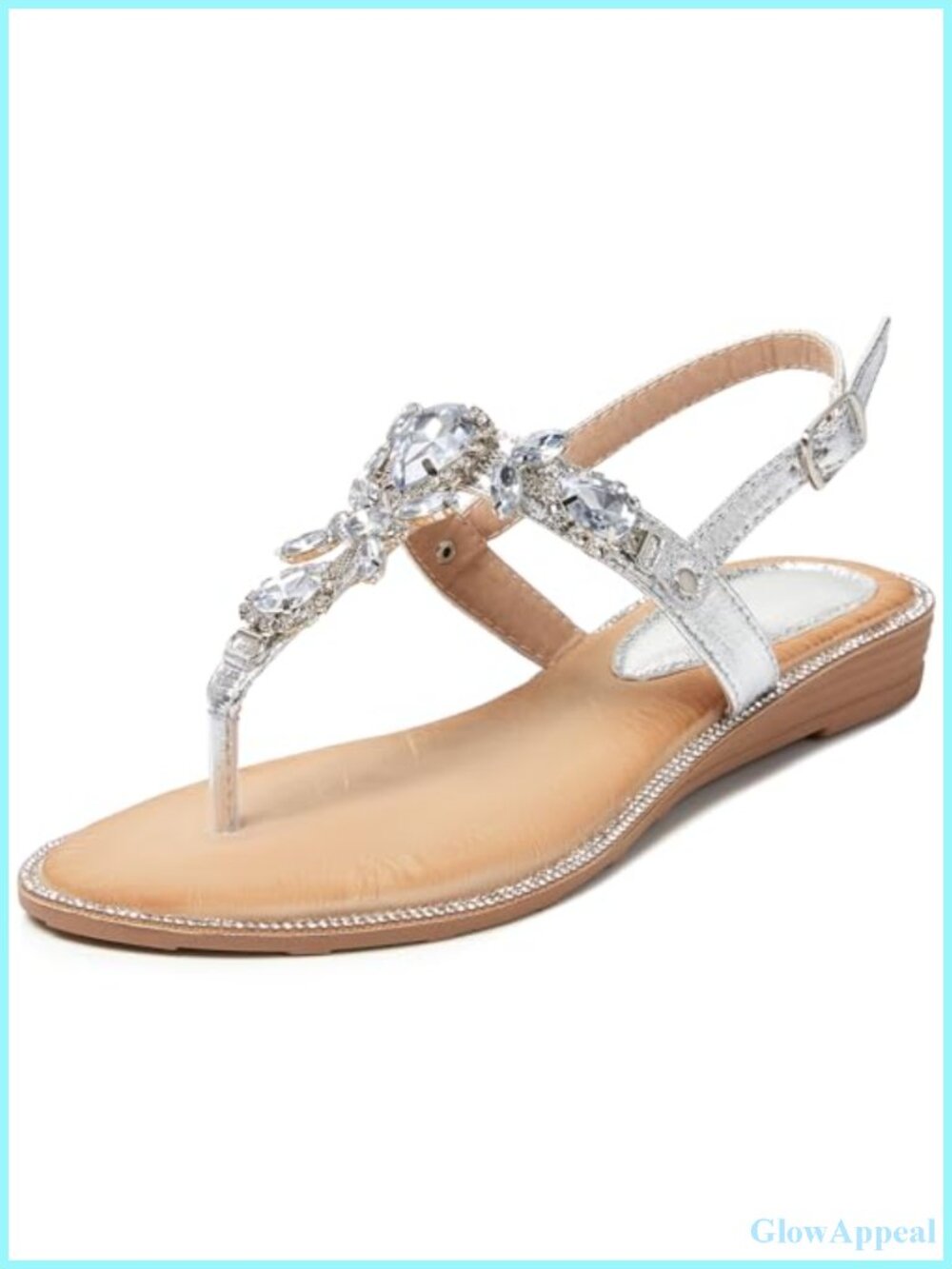 Rhinestone Flat Sandals T-Strap with Adjustable Ankle Strap Faux Leather